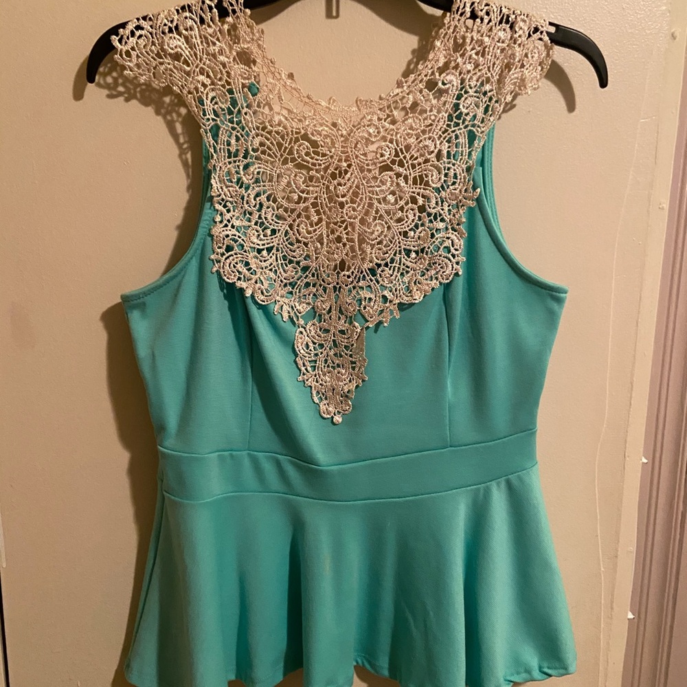 *SOLD* Blue peplum with Lace Top